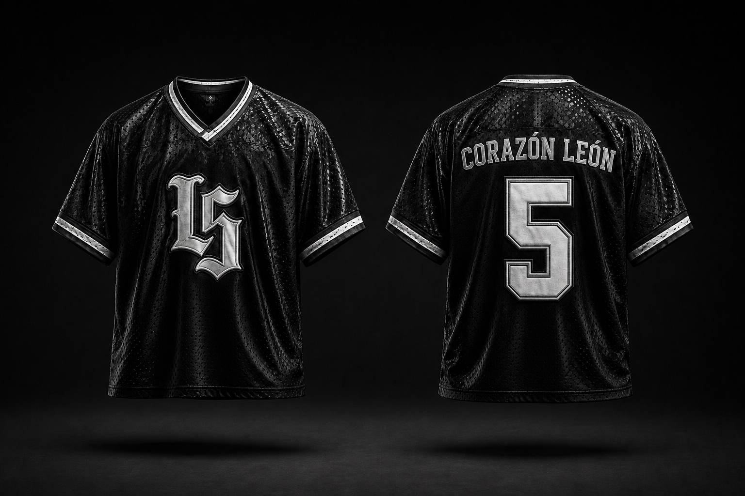 Complete front and back views of the black Lionh5arted Corazón León jersey with the number 5